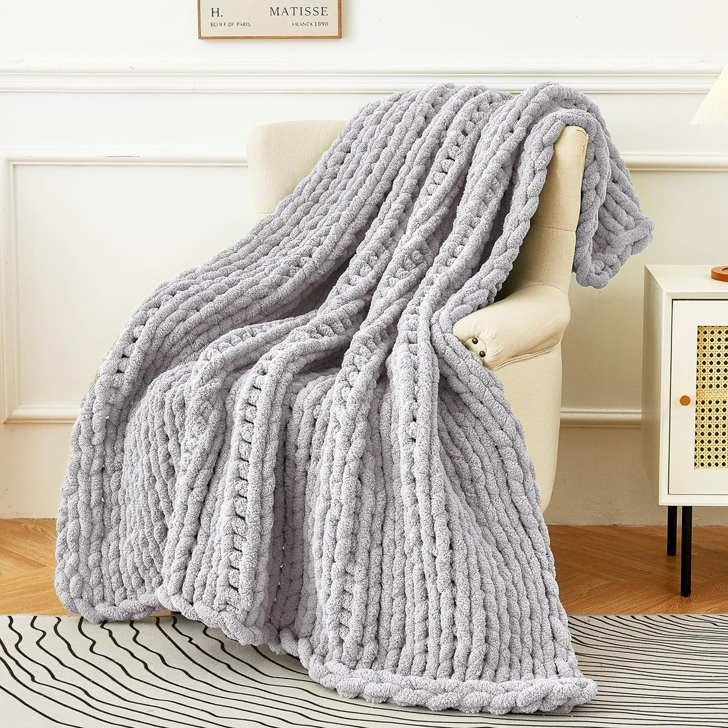 Handmade chunky Knit Throw Blanket 50"X 60", Soft Chenille Yarn, 4.4lbs Thick Cable Knitted Blankets,Soft Thick Yarn Cable Knit Blanket, Large Rope Knot Crochet,Throw Blankets for Couch Sofa,Room decor