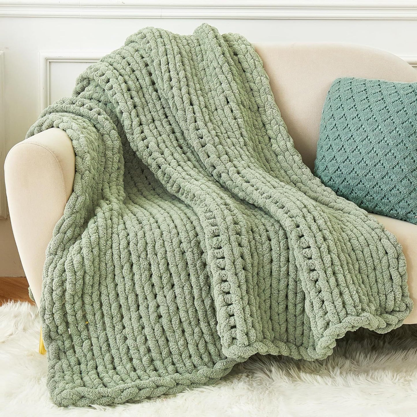 Handmade chunky Knit Throw Blanket 50"X 60", Soft Chenille Yarn, 4.4lbs Thick Cable Knitted Blankets,Soft Thick Yarn Cable Knit Blanket, Large Rope Knot Crochet,Throw Blankets for Couch Sofa,Room decor