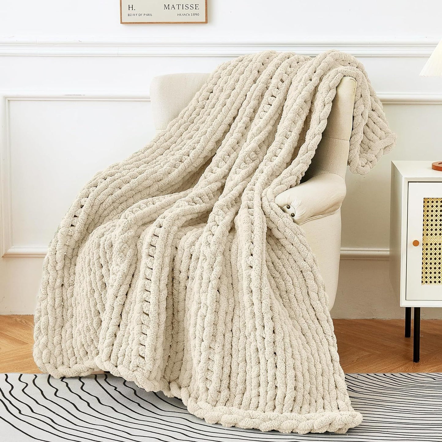 Handmade chunky Knit Throw Blanket 50"X 60", Soft Chenille Yarn, 4.4lbs Thick Cable Knitted Blankets,Soft Thick Yarn Cable Knit Blanket, Large Rope Knot Crochet,Throw Blankets for Couch Sofa,Room decor