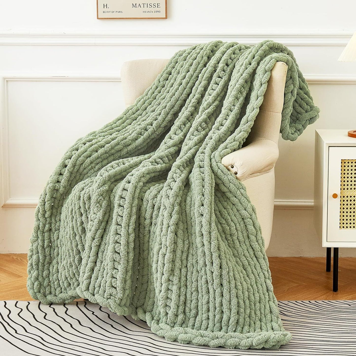 Handmade chunky Knit Throw Blanket 50"X 60", Soft Chenille Yarn, 4.4lbs Thick Cable Knitted Blankets,Soft Thick Yarn Cable Knit Blanket, Large Rope Knot Crochet,Throw Blankets for Couch Sofa,Room decor